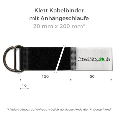 Klett Kabelbinder mit Metallöse und Einhängeschlaufe entgegengesetzt 20mm x 200mm Schwarz