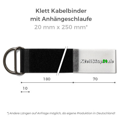 Klett Kabelbinder mit Metallöse und Einhängeschlaufe entgegengesetzt 20mm x 250mm Schwarz
